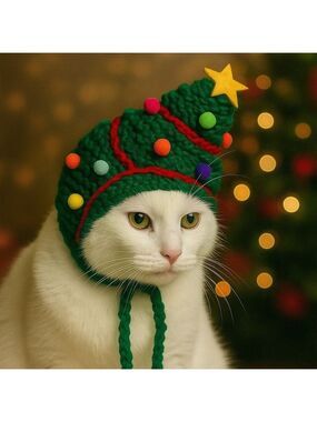 Hand Crafted Crochet Hat Green Multicolored Pet Hat Christmas Tree